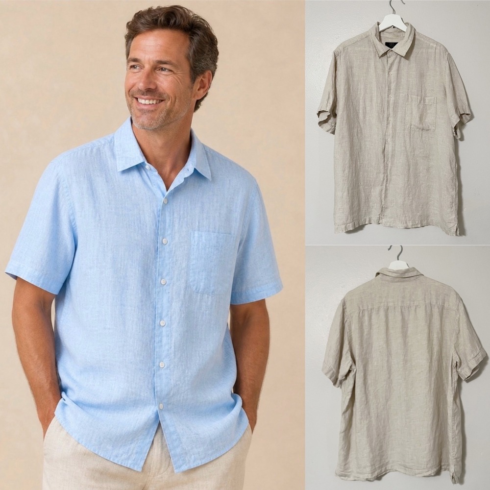 Club Room Luxury Mens XL 100% Linen Short Sleeve Button Down Shirt Beige Oatmeal